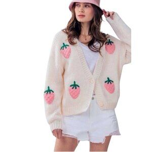 Luna Ivy Cream Pink Strawberry Crochet Fruit Novelty Cardigan Sweater Size M